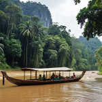 A scenic view of Taman Negara, Pahang, featuring a lush rainforest canopy with a river winding through it. In the foreground, a wooden boat is carrying tourists, and in the background, ancient trees tower over the landscape. The overall mood should evoke a sense of adventure and natural beauty.