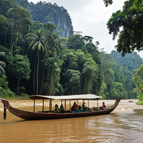 Home 4 A scenic view of Taman Negara, Pahang, featuring a lush rainforest canopy with a river winding through it. In the foreground, a wooden boat is carrying tourists, and in the background, ancient trees tower over the landscape. The overall mood should evoke a sense of adventure and natural beauty.