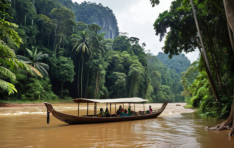 A scenic view of Taman Negara, Pahang, featuring a lush rainforest canopy with a river winding through it. In the foreground, a wooden boat is carrying tourists, and in the background, ancient trees tower over the landscape. The overall mood should evoke a sense of adventure and natural beauty.