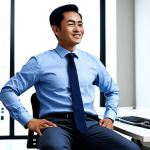 A professional Malaysian man in a modest business suit, gently performing a shoulder stretch while seated at a modern office desk. He is looking relaxed and focused, surrounded by a clean, well-lit office environment with a computer monitor and ergonomic chair. The scene depicts a healthy work-life balance, showcasing a professional and productive atmosphere. The image should be professional photography quality, realistic, with perfect anatomy, correct proportions, well-formed hands, and natural body proportions. Fully clothed, modest clothing, appropriate attire, professional dress, safe for work, appropriate content, family-friendly.