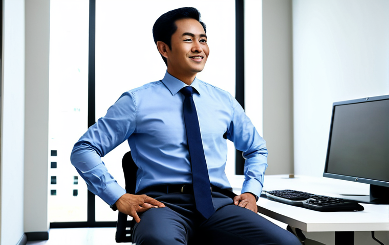 A professional Malaysian man in a modest business suit, gently performing a shoulder stretch while seated at a modern office desk. He is looking relaxed and focused, surrounded by a clean, well-lit office environment with a computer monitor and ergonomic chair. The scene depicts a healthy work-life balance, showcasing a professional and productive atmosphere. The image should be professional photography quality, realistic, with perfect anatomy, correct proportions, well-formed hands, and natural body proportions. Fully clothed, modest clothing, appropriate attire, professional dress, safe for work, appropriate content, family-friendly.