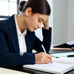 A focused professional woman, fully clothed in a modest business casual outfit, sitting at a clean, modern desk. She is actively writing notes in a physical notebook with a pen, while a digital tablet displaying a note-taking application rests beside her. The desk is organized with a few books and a warm cup, and the background is a softly blurred modern study room with natural light. Perfect anatomy, correct proportions, natural pose, well-formed hands, proper finger count. High-quality professional photography, safe for work, appropriate content, fully clothed, professional.