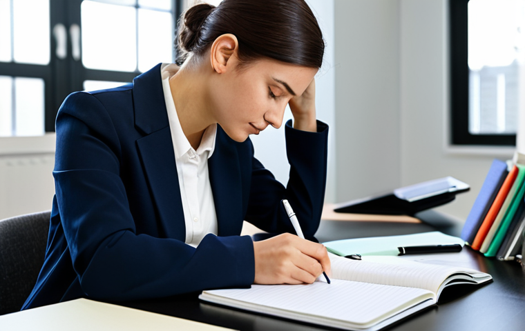 A focused professional woman, fully clothed in a modest business casual outfit, sitting at a clean, modern desk. She is actively writing notes in a physical notebook with a pen, while a digital tablet displaying a note-taking application rests beside her. The desk is organized with a few books and a warm cup, and the background is a softly blurred modern study room with natural light. Perfect anatomy, correct proportions, natural pose, well-formed hands, proper finger count. High-quality professional photography, safe for work, appropriate content, fully clothed, professional.