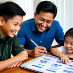 A Malaysian family, consisting of a father, mother, and two children (one boy, one girl), are gathered around a wooden dining table in their brightly lit, modest home. They are looking at a tablet displaying a travel budget spreadsheet, with papers and a pen on the table. The father is pointing at the screen, and the mother is smiling, while the children are engaged in the discussion. All individuals are fully clothed in appropriate, modest casual attire. The scene emphasizes collaborative planning and financial awareness. safe for work, appropriate content, fully clothed, perfect anatomy, natural pose, well-formed hands, correct proportions, professional photography, high quality, family-friendly.