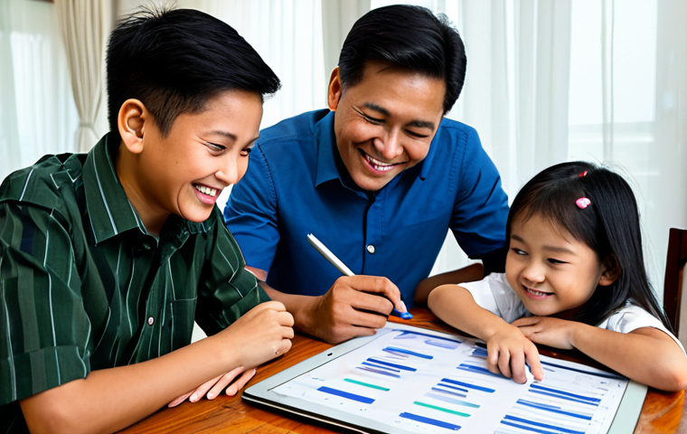 A Malaysian family, consisting of a father, mother, and two children (one boy, one girl), are gathered around a wooden dining table in their brightly lit, modest home. They are looking at a tablet displaying a travel budget spreadsheet, with papers and a pen on the table. The father is pointing at the screen, and the mother is smiling, while the children are engaged in the discussion. All individuals are fully clothed in appropriate, modest casual attire. The scene emphasizes collaborative planning and financial awareness. safe for work, appropriate content, fully clothed, perfect anatomy, natural pose, well-formed hands, correct proportions, professional photography, high quality, family-friendly.