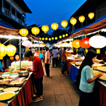 **

"A bustling scene at a Pasar Malam (night market) in Malaysia. Vendors are selling delicious local delicacies like Nasi Lemak, Satay, and Apam Balik. People are browsing stalls filled with colorful textiles and handicrafts. Soft, warm lighting from the lanterns creates a festive atmosphere. safe for work, appropriate content, fully clothed, professional photography, perfect anatomy, natural proportions, modest clothing, family-friendly."

**