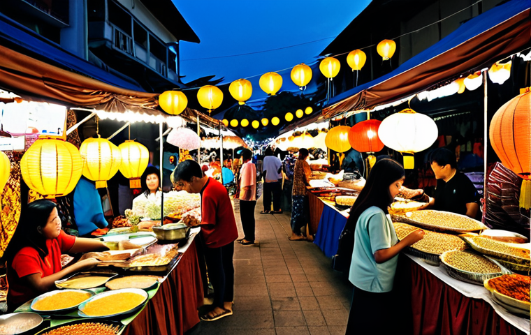 **

"A bustling scene at a Pasar Malam (night market) in Malaysia. Vendors are selling delicious local delicacies like Nasi Lemak, Satay, and Apam Balik. People are browsing stalls filled with colorful textiles and handicrafts. Soft, warm lighting from the lanterns creates a festive atmosphere. safe for work, appropriate content, fully clothed, professional photography, perfect anatomy, natural proportions, modest clothing, family-friendly."

**